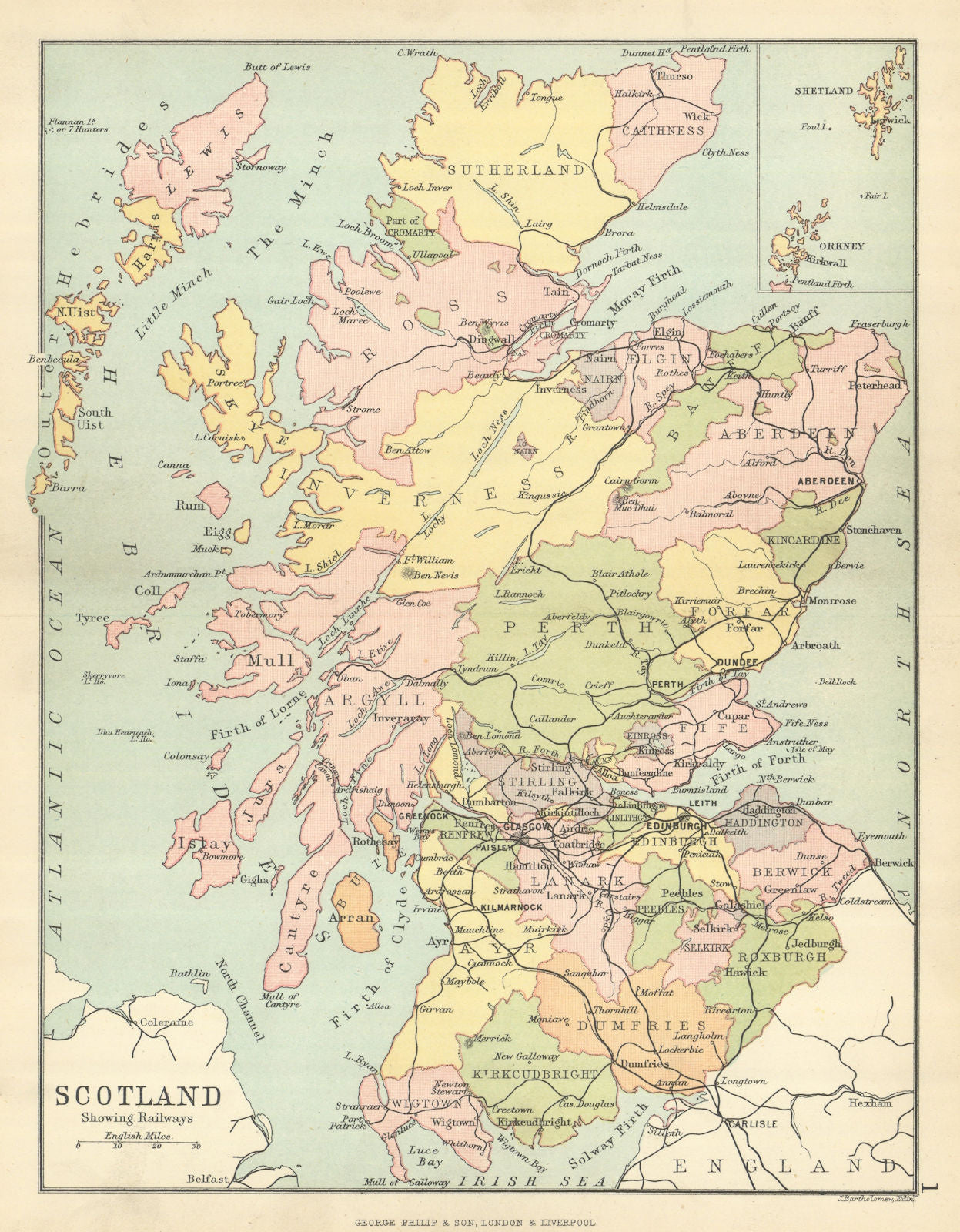 'Scotland showing Railways' & counties. BARTHOLOMEW 1886 old antique map chart